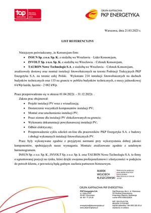 List referencyjny dla TAURON Nowe Technologie S.A. od firmy PKP ENERGETYKA