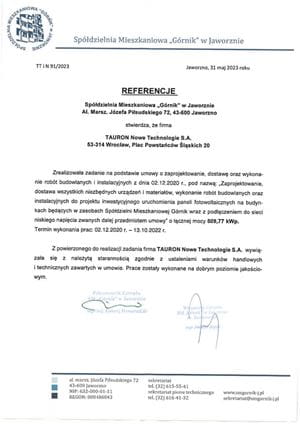 List referencyjny dla TAURON Nowe Technologie S.A. od firmy Spółdzielnia Mieszkaniowa "Górnik" w Jaworznie